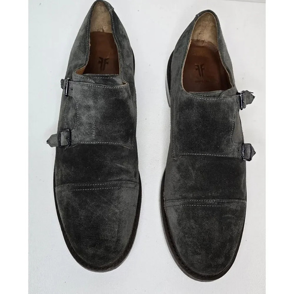Men Frye James Double Monk Strap Loafers 81123 Sz 8.5 D Gray Suede Cap Toe Shoes - Picture 4 of 12